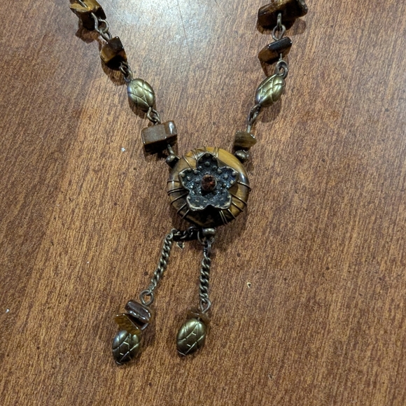 Vintage Brass & Tiger's Eye Flower Lariat Necklace 15.5" By Nancy and Rise - Picture 2 of 4